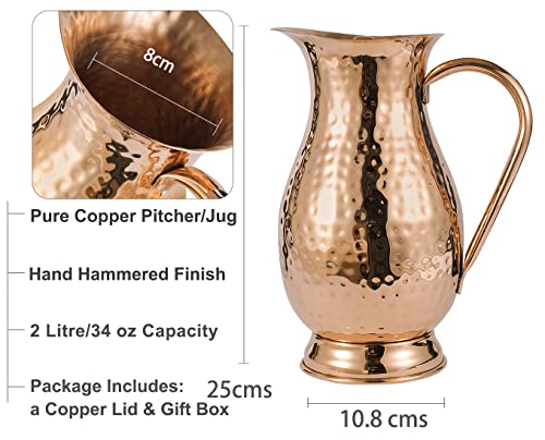 Large Pure Copper Water Pitcher with Lid - Handcrafted Hammered Jug, 70 Oz/2000ml for Home & Gifting