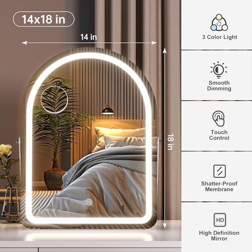 Hasipu Vanity Mirror with Lights and Bluetooth Speaker, 13.8"¡¿ 18" Arched LED Makeup Mirror, Lighted Makeup Mirror with Lights, Smart Touch Control Dimmable 3 Modes Light 360¡ÆRotation White
