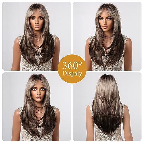 Long Blonde Brown Wigs for Women with Curtain Bangs - 24 Inch Synthetic Layered Cosplay & Daily Use