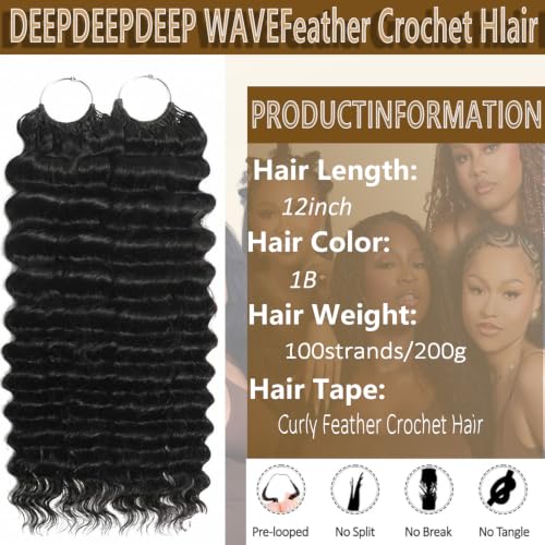 Shoobidoo 1B Feather Crochet Hair Extensions 12 Inch Deep Wave Synthetic Pre-Separated 100 Strands for Black Women