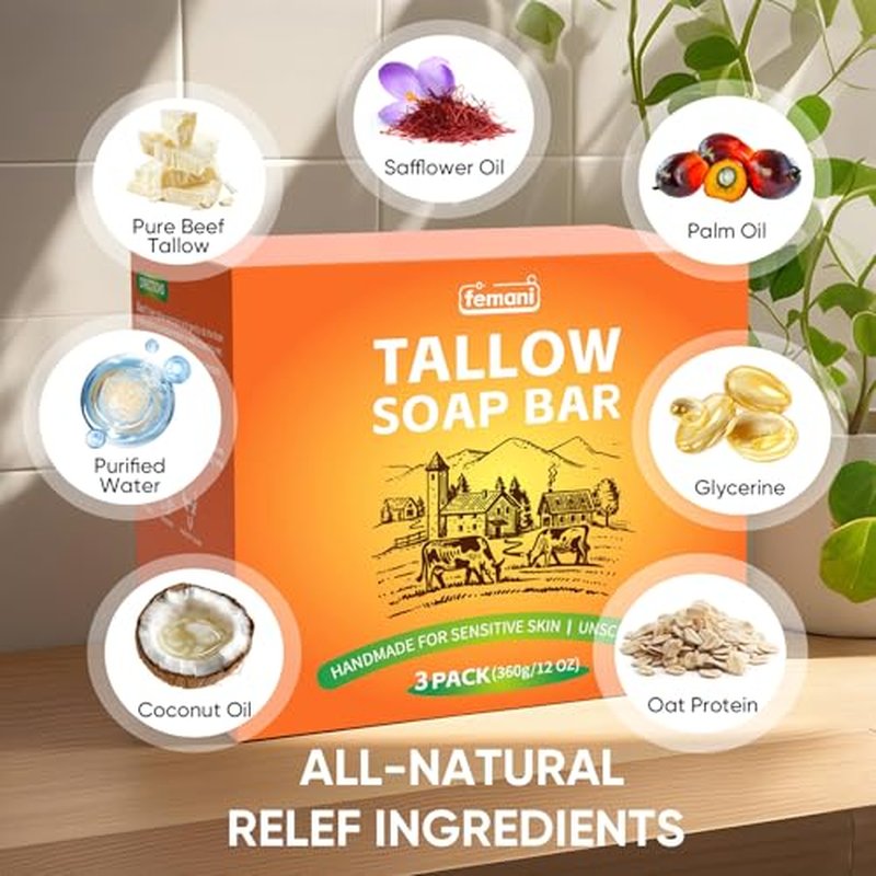 femani Beef Tallow Soap Bar - All Natural and Organic Grass Fed Tallow Soap Unscented - Moisturizes, Soothes, Hydrates Face & Body Wash Great for Itchy, Dry, Sensitive Skin, 12 oz (3 packs)