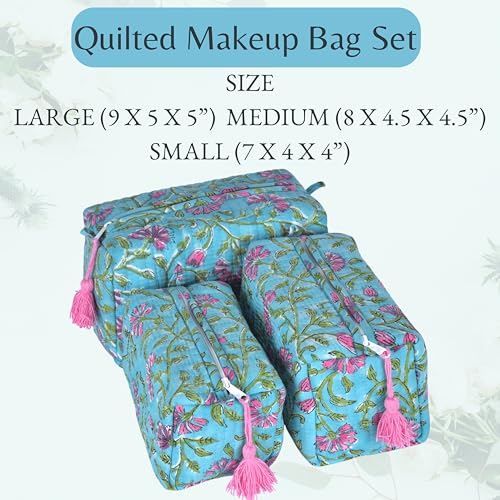 Quilted Floral Block Print Makeup Bag Set of 3 ? Cotton Travel Toiletry and Makeup Organizer, Cosmetic Pouch, Toiletry Bag for Women, Cute Boho Coquette Make Up Bags for Women (Small, Medium, Large)