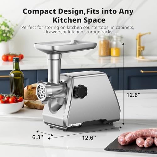 AIRMSEN Medium Electric Meat Grinder & Sausage Maker - Heavy Duty Stainless Steel, 3 Plates, Blades, Kubbe Kit, Quiet Home Kitchen