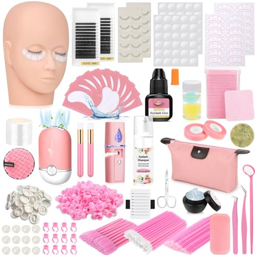 Pink Lash Extension Kit for Beginners with Mannequin Head & Accessories - Tetutor