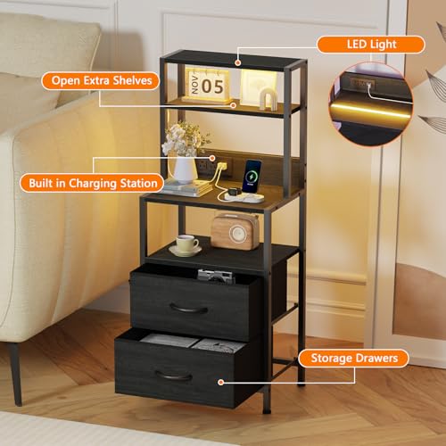 Furnulem Night Stand with 4 Shelves, 2 Fabric Drawers, Black Oak, 2 Drawer - Tall Bedside Table with Charging & LED Lights