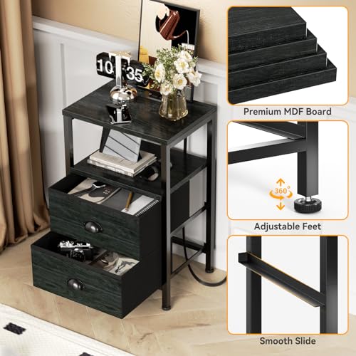 Furologee Black Oak Nightstand Set of 2 with LED Lights & Charging Stations