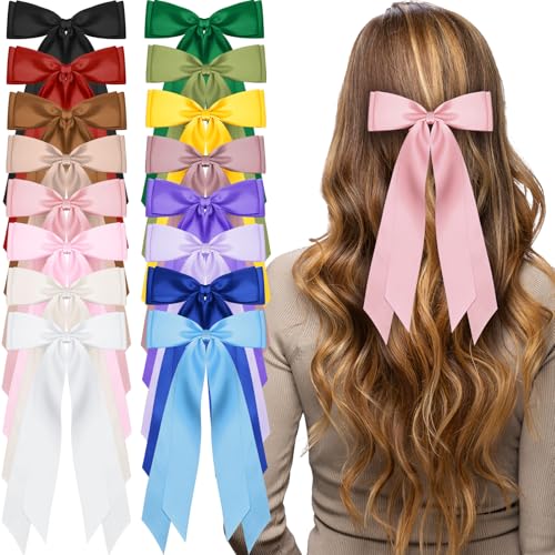 16 Pcs Satin Hair Bows for Women & Girls - Elegant Long Hair Clips Set