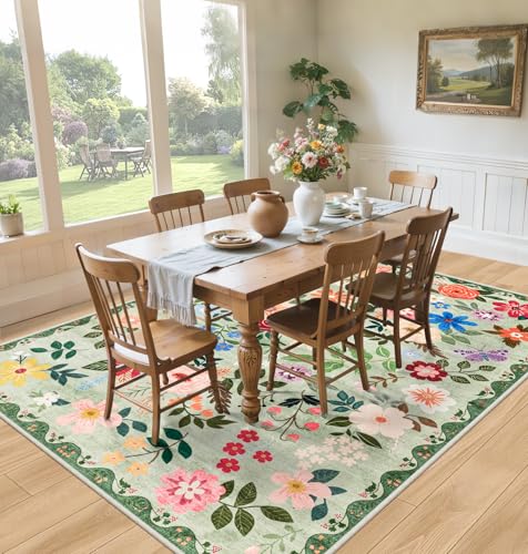 Green 8x10 Floral Area Rug - Washable Boho Living Room Carpet