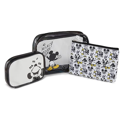 Mickey Mouse Cosmetic Case Set - Officially Licensed Mickey and Minnie Mouse Travel Cosmetic Case 3 Piece Set - Girls, Boys, Teens, Adults (Black Mickey)