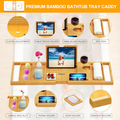 Banlilu Natural Bamboo Expandable Bathtub Tray Caddy - Waterproof Bath Table
