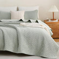 Gingham Quilt Set King Size - Green & Brown Cotton Linen-Like Bedspread