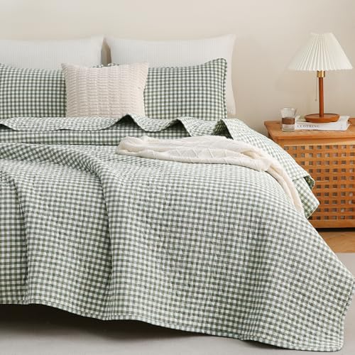 Gingham Quilt Set King Size - Green & Brown Cotton Linen-Like Bedspread