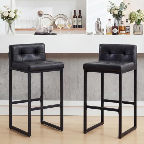 Black Counter Height Bar Stools Set of 2 with Back & Metal Legs - Faux Leather