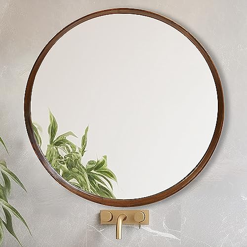 Brown 30 Inch Wall-Mounted Wooden Circle Mirror - Decorative Round Mirror for Living Room & Bathroom