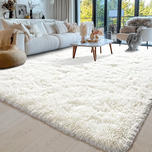 Cream White Fluffy Area Rug 9x12 ft for Living Room & Bedroom - Super Soft Shag with Non-Slip Base