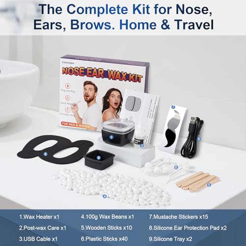 LIONVISON Men's Nose Wax Removal: Painless Hair Removal for Nose and Ears - with 100g Wax 40 Nose Hair Sticks 2 Silicone Pots - Portable Melt Machine for Home Travel Use (Black)