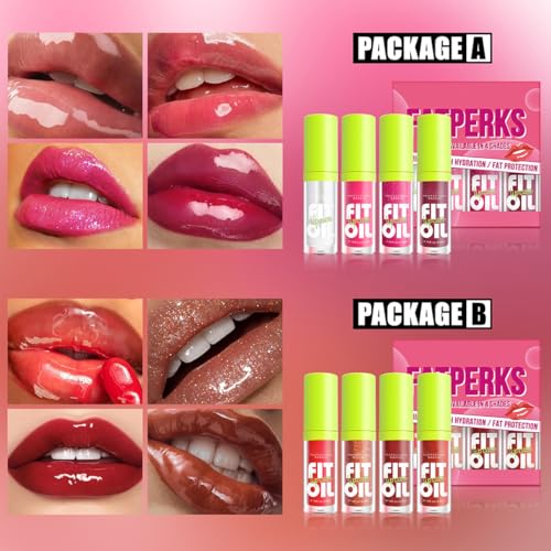 8 Colors Hydrating Lip Oil Set, Big Brush Head Moisturizing Lip Glow Oil, Shiny Moisturizing Lip Gloss, Nourishing & Non-Sticky Long Lasting Fresh Transparent Tinted Plumping Lip Oil (SetA+B)