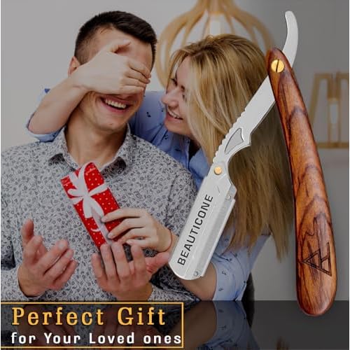 BEAUTICONE Straight Razors for Men, Straight Edge Razor, 100 Single Edge Blades, Stainless Steel, Barber Razor for Men's Shaving, Barber Shaving Knife, Wooden, Swinglock
