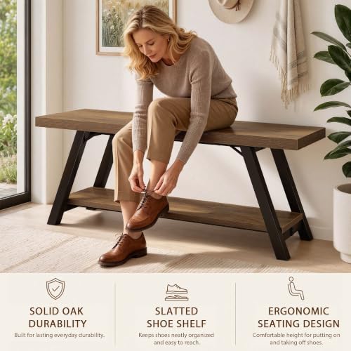 Rustic Oak Entryway Bench with Storage - 47-Inch Wooden Mudroom Bench