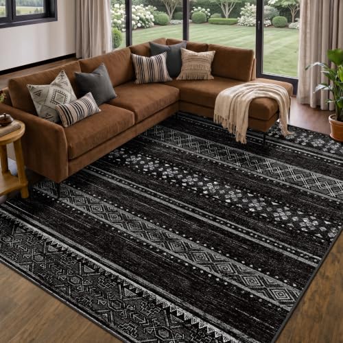 Black and White 8x10 Washable Area Rug for Living Room & Bedroom - Modern Boho Style