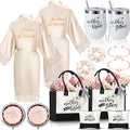 Suhine 14 Pcs Mother of The Bride and Groom Gifts Set Wedding Satin Robe Canvas Tote Bag with Makeup Bag 12 oz Tumbler Cup Small Makeup Mirror Scrunchies Knot Bracelet Wedding Gift for Mom(Champagne)