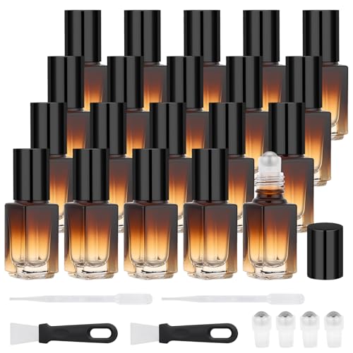 20pcs Travel Refillable Amber Glass Roller Bottles for Essential Oils - 3ml