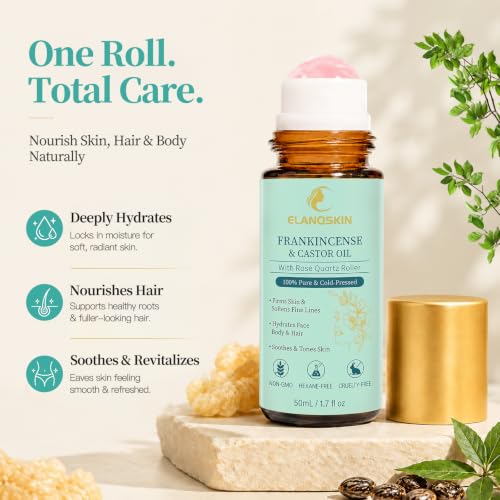 1PCS Frankincense and Castor Oil Rose Quartz Roller Ball for Skin & Hair Care