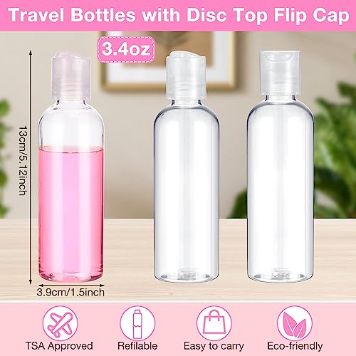 Roshtia 50-Pack 3.4oz Clear Travel Bottles with Disc Caps – Leak-Proof Empty Shampoo & Lotion Containers