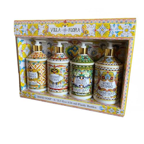 Villa Flora Assorted Hand Soap Set - 4 Pack 16oz Bottles with Sea Salt, Coconut, Orchid & Jasmine - Gift-Ready
