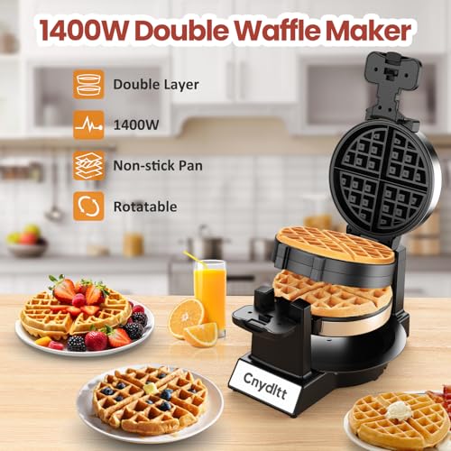 Cnydltt Double Waffle Maker A - 1400W Rotating Belgian Waffle Iron, 2 Slices