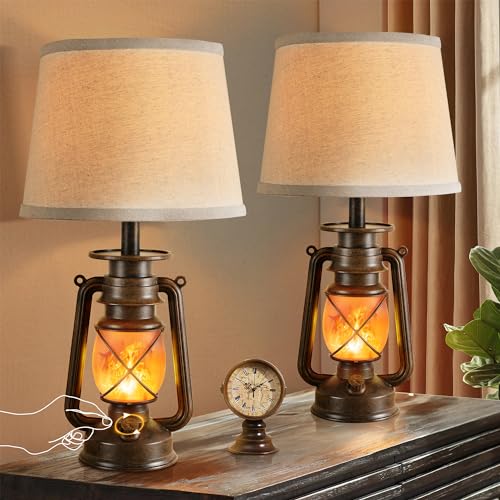 LEDIARY 18.72" Vintage Bronze Flickering Flame Table Lamps Set of 2