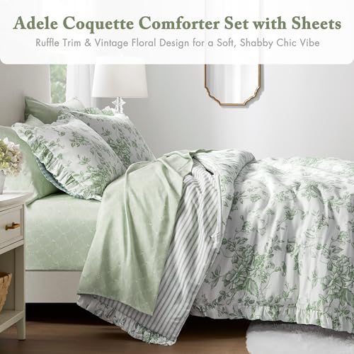 Queen Floral Comforter Set with Sheets - Reversible Shabby Chic Bedding, 7 Pieces - Green