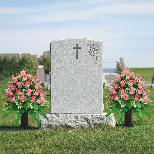 Artificial Cemetery Flowers Pink Rose Bouquet Set with Vases - Outdoor Grave Decorations