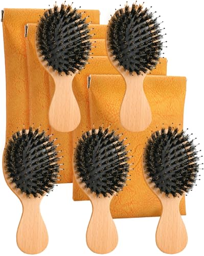 Mini Boar Bristle Travel Hair Brush 5.6 Inch for Women & Kids - Wooden Handle