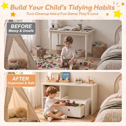 Faesun 3-in-1 Toddler Bookshelf with Bench, White Montessori Reading Nook & Toy Organizers