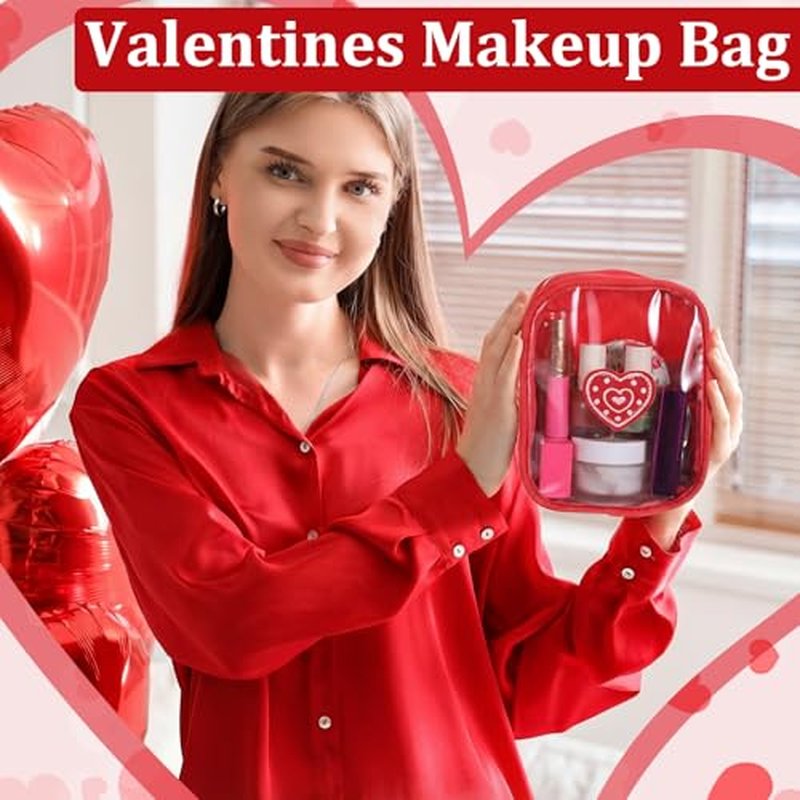 12 Pcs Valentines Heart Chenille Patches Makeup Bags with Zipper Galentine Cosmetic Bags Bulk for Women Red Waterproof Toiletry Bag Valentines Galentines Day Gifts for Team Stuff Travel