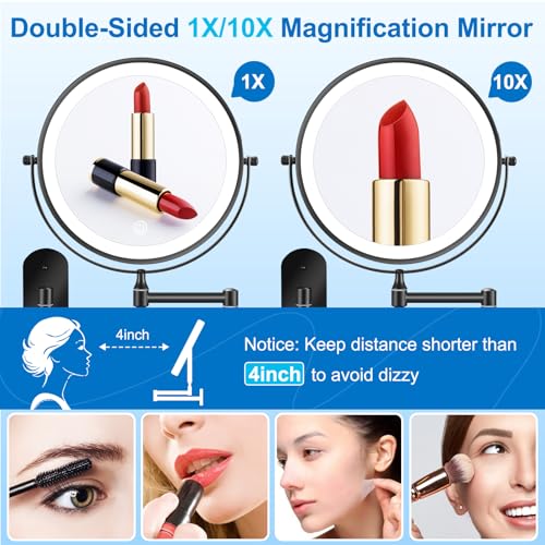 Rechargeable Double-Sided 9-Inch Wall-Mounted Makeup Mirror with Dimmable Lights