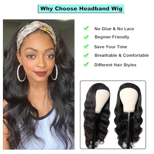 Justres Black 12 Inch Body Wave Headband Wig Human Hair Glueless Brazilian Virgin