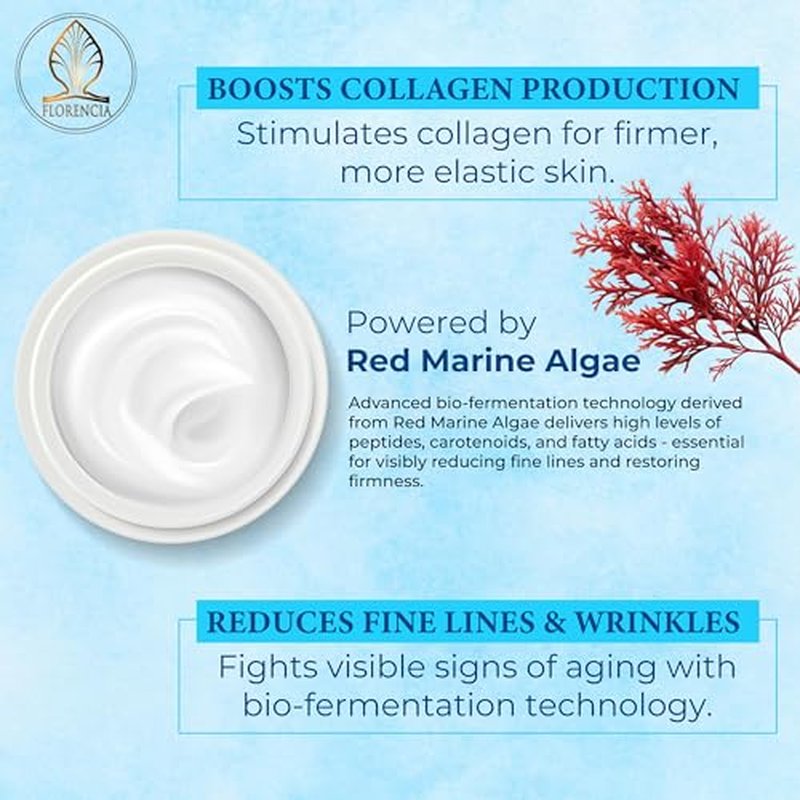 Florencia Marine Moisturizer - Youthful Radiance Face & Neck Cream - Hydrating, Nourishing, Wrinkle, Rejuvenating Cream with Marine Algae Extracts and Hyaluronic Acid for Men & Women, 2 oz