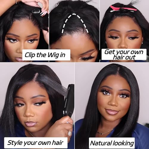 20 Inch Natural Color V Part Human Hair Wig for Black Women, Kinky Straight, Glueless Half Wigs