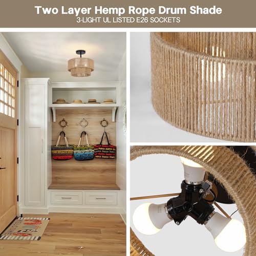 Boho Coastal Hemp Rope Ceiling Light Fixture - Rustic Rattan Semi Flush Mount, 3-Light