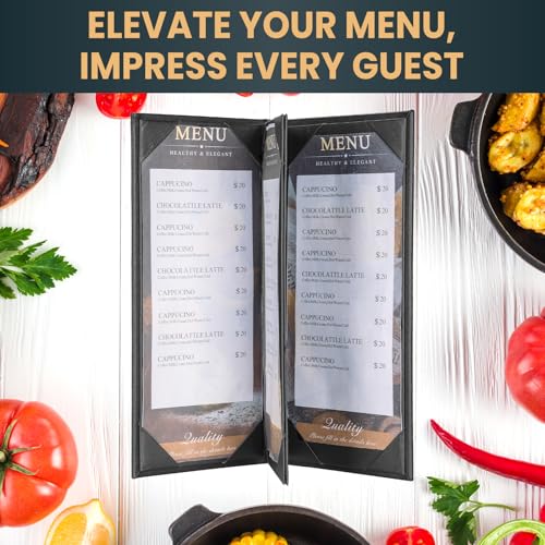 12 Pack 4 View Menu Holder Covers - Black Leather Restaurant Menu Sleeves