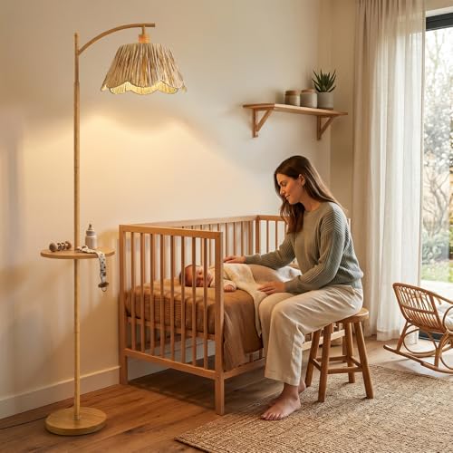 Oneach Woodgrain Floor Lamp with Table, Rattan Shade & Foot Switch - Farmhouse Style