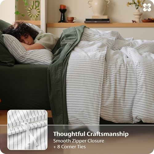 Oversized King Duvet Cover Set Linen-Like Striped Cotton 3-Piece - White