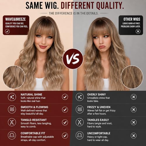 Long Blonde Wavy Wig with Bangs - 26 Inch Ombre Highlights for Women