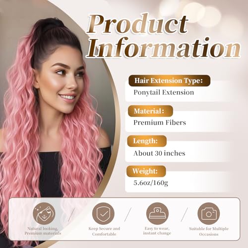 Ombre Black to Pink Long Wavy Ponytail Extensions - 30 Inch Clip-In Hairpiece