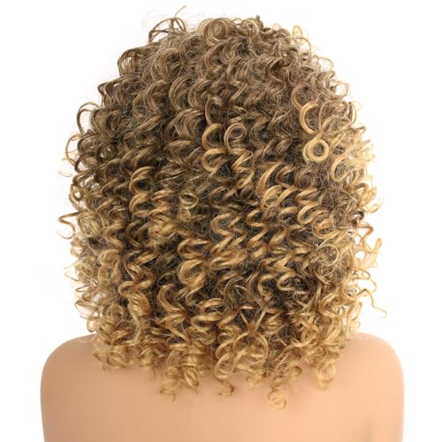 Blonde Mixed Brown Curly Afro Wig for Women 14in Short Kinky 70s Style with Bangs