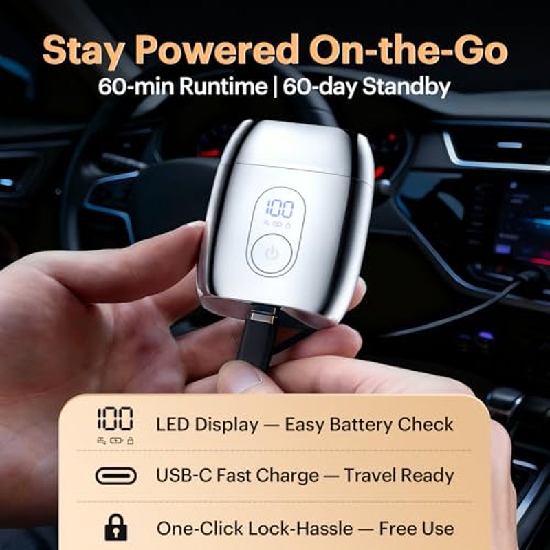 2026 New Portable Alloy Mini Shaver ? Electric Travel Gift Razor for Men, LED Display, USB-C Rechargeable 60-Mins Runtime, Waterproof, Wet/Dry Shave, Easy Cleaning Magnetic Detachable Head, Silver