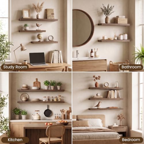 Acovy Walnut Floating Shelves Set of 2 48x8in Wall Mount Display Shelf Modern Design