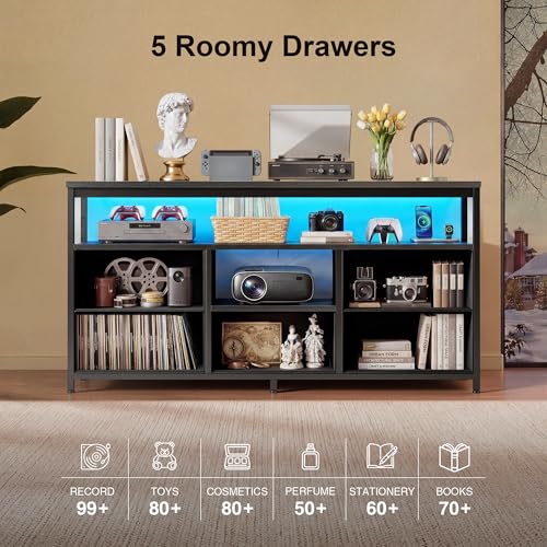 47-Inch Dresser TV Stand with LED Lights & Charging Station, 5 Drawers, Open Shelves - Black, 11.8"D x 47.2"W x 26.1"H